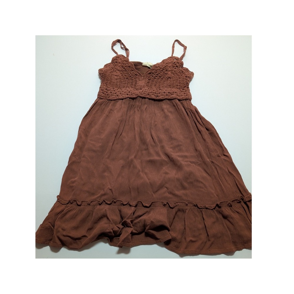 Hint of Blush Crochet Lace Bodice Boho Mini Dress Brown Ruffle Hem Small